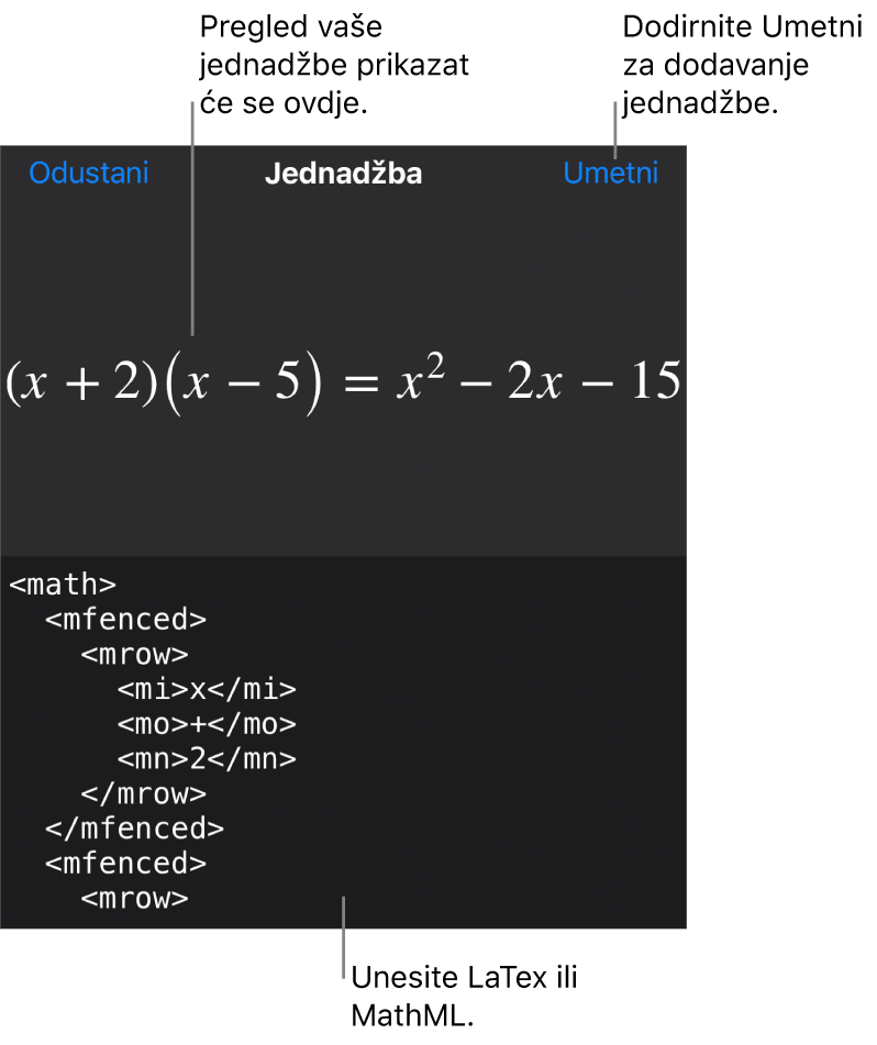 Dijaloški okvir Jednadžba koji prikazuje jednadžbu napisanu korištenjem MathML naredbi i prikaz gornje formule.