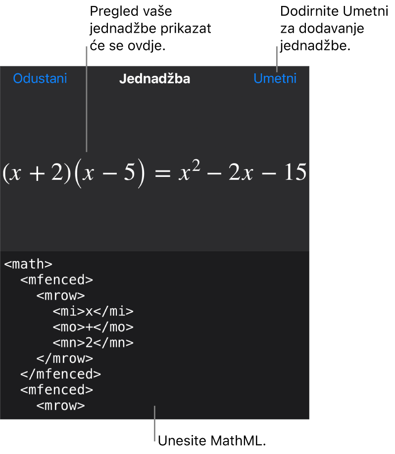 Dijaloški okvir Jednadžba koji prikazuje jednadžbu napisanu korištenjem MathML naredbi i prikaz gornje formule.