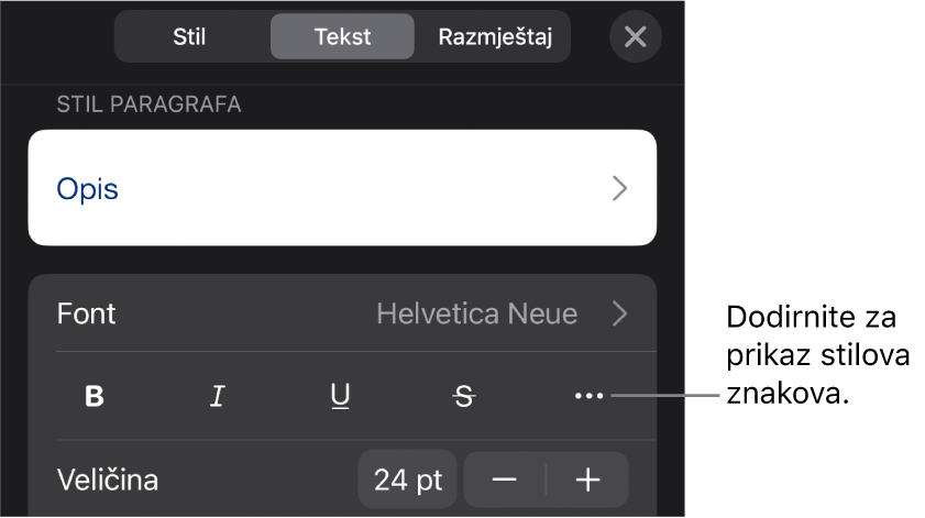 Kontrole opcije Formatiraj sa stilovima paragrafa pri vrhu, zatim kontrole Fonta. Ispod su tipke opcija teksta Podebljano, Kurziv, Podcrtavanje, Precrtavanje i Više.