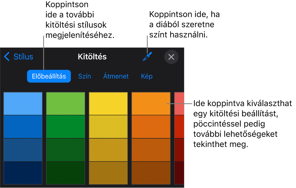 Kitöltési lehetőségek a Stílus lapon.