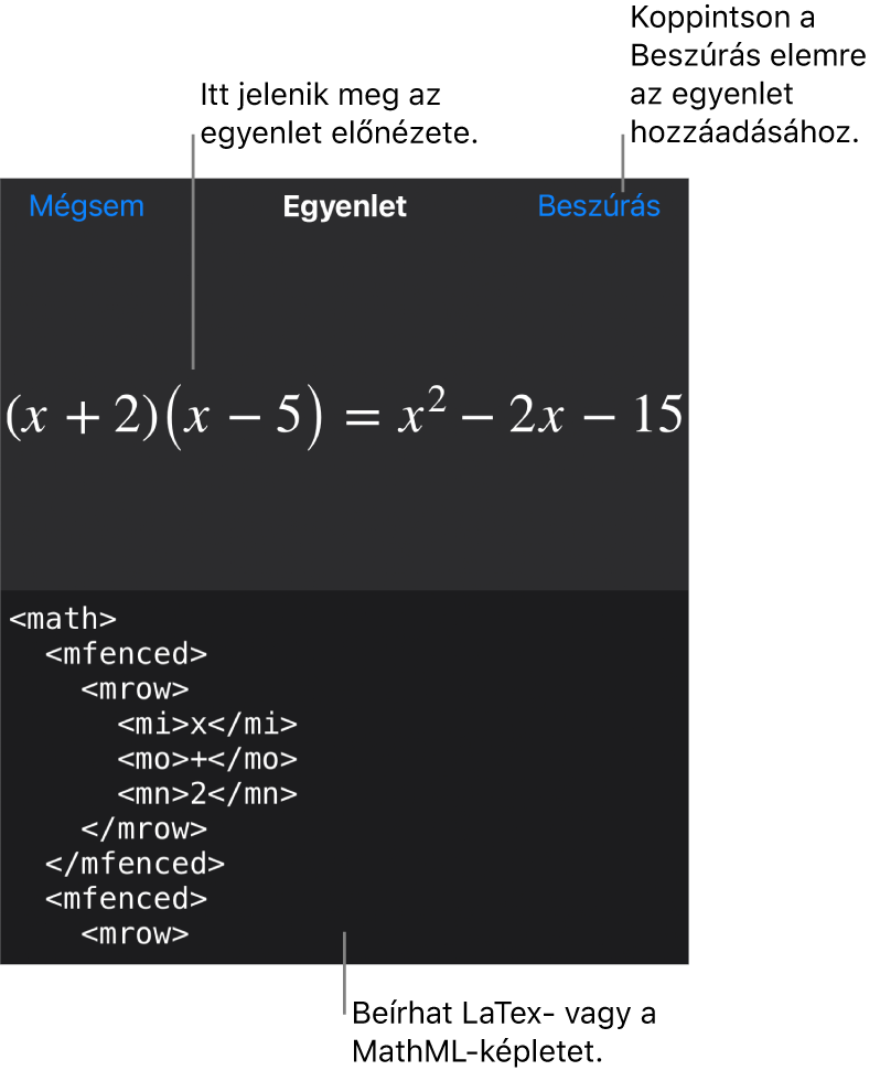 Az Egyenlet párbeszédpanel, amelyen egy, a MathML-parancsok használatával írt egyenlet, felül pedig az egyenlet előnézete látható.