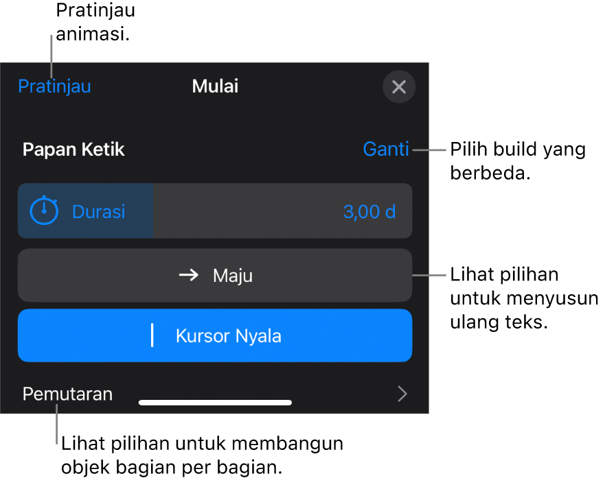 Pilihan build termasuk Durasi, Animasi Teks, dan Pengiriman. Ketuk Ubah untuk memilih build berbeda, atau ketuk Pratinjau untuk mempratinjau build.