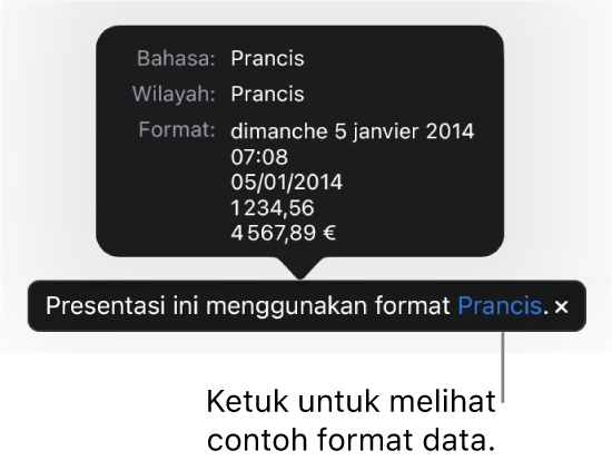 Pemberitahuan pengaturan bahasa dan wilayah yang berbeda, menunjukkan contoh format dalam bahasa dan wilayah tersebut.