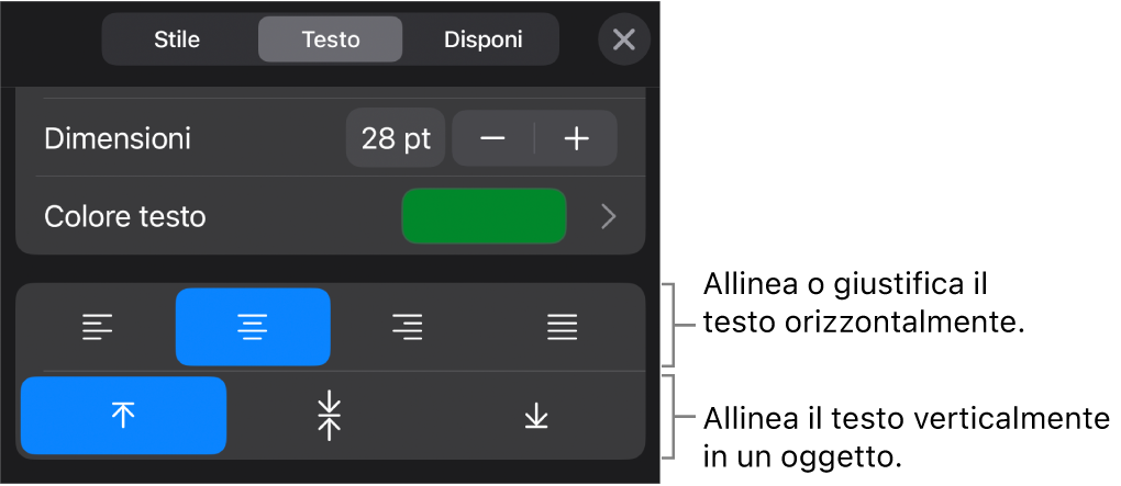 Sezione Allineamento del pulsante Formattazione con didascalie per i pulsanti di allineamento del testo.