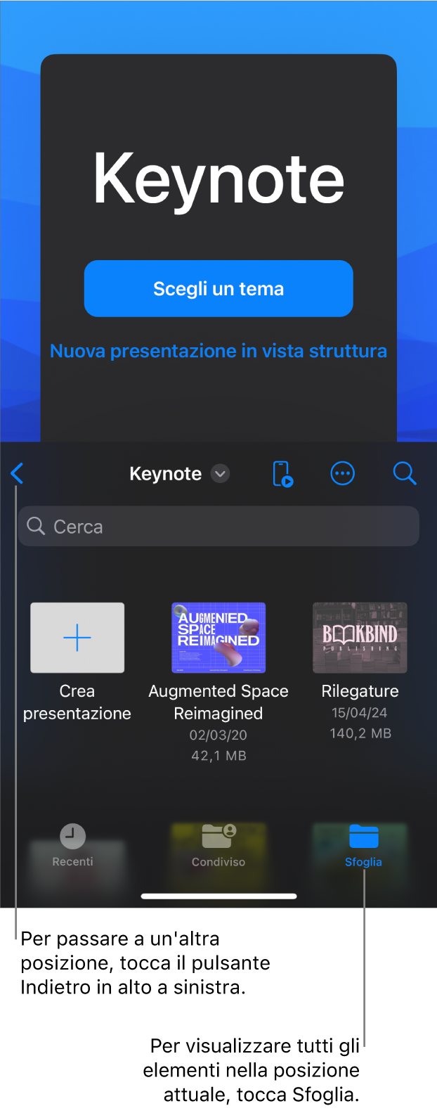 La vista Sfoglia del gestore presentazione con il pulsante Indietro nell’angolo in alto a sinistra. Sotto di esso si trova il campo di ricerca. Nell’angolo in alto a destra sono presenti i pulsanti Aggiungi, Altro e Telecomando. Nella parte inferiore dello schermo ci sono i pulsanti Recenti, Condivisi e Sfoglia.