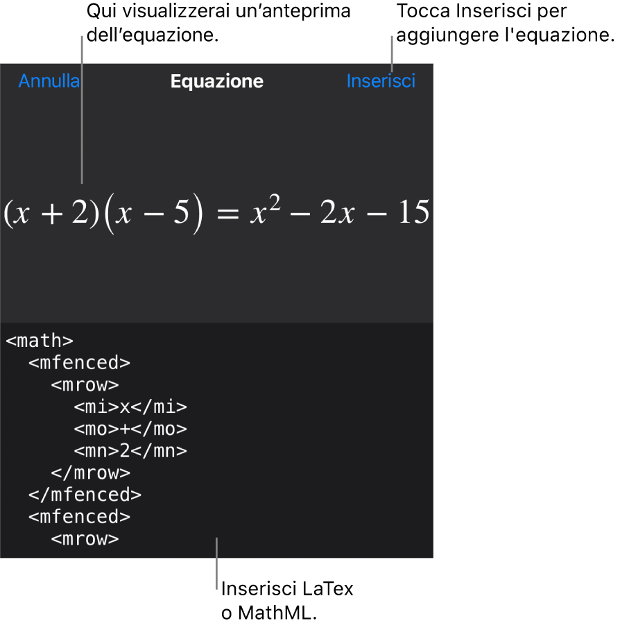 La finestra di dialogo Equazione che mostra l’equazione scritta tramite comandi MathML e un’anteprima della formula di cui sopra.