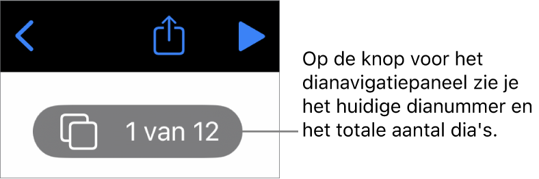 De knop voor het dianavigatiepaneel met daarop het huidige dianummer en het totale aantal dia's in de presentatie.