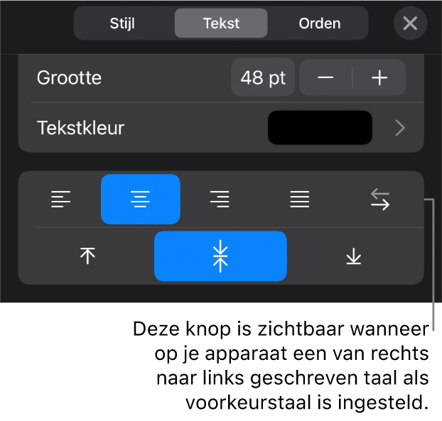 Tekstregelaars in het opmaakmenu met uitleg bij de knop voor rechts naar links.