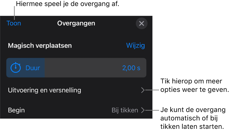 Regelaars voor 'Magisch verplaatsen' in het paneel 'Overgangen'.