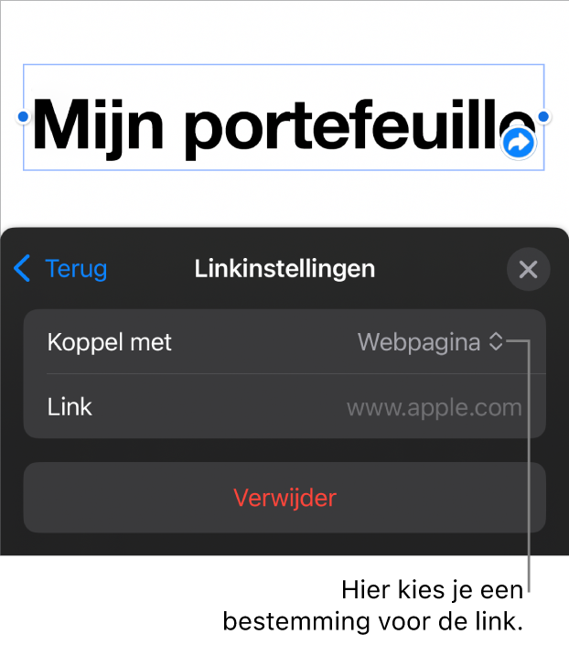 De regelaars voor linkinstellingen. 'Webpagina' is geselecteerd en onderaan staat de knop 'Verwijder'.