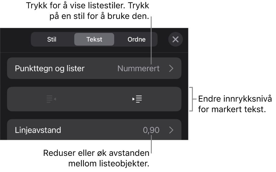 Punkttegn og lister-delen i Format-kontroller med bildeforklaringer for Punkttegn og lister, utrykk- og innrykk-knapper og linjeavstandskontroller.