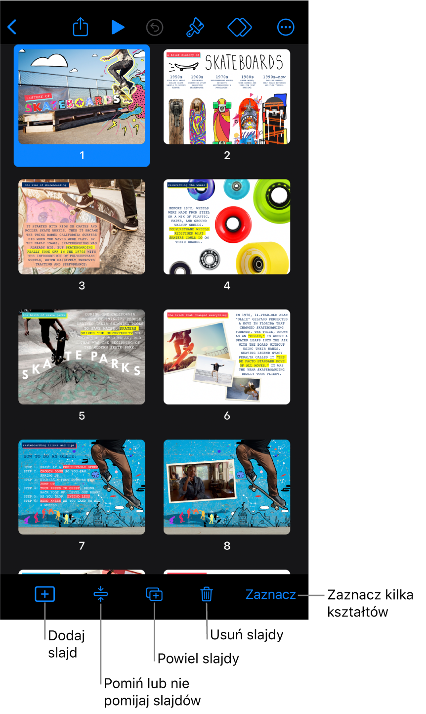 Widok stykówki. Na dole ekranu znajdują się przyciski umożliwiające dodawanie, pomijanie, powielanie i usuwanie slajdów, a także zaznaczanie wielu slajdów.