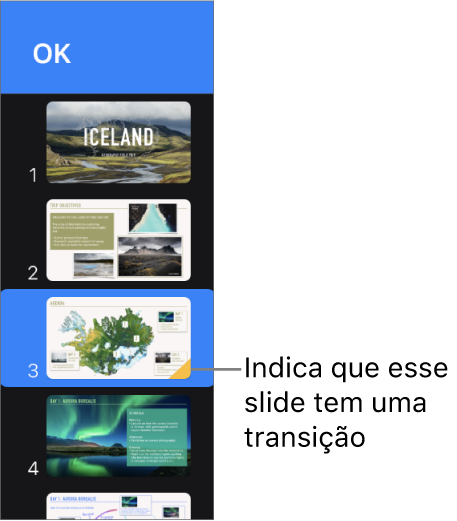 Um triângulo amarelo em um slide indica que o slide tem uma transição.