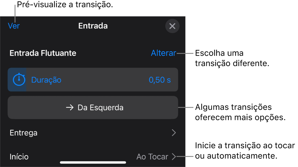 Controles no painel Opções para modificar uma transição.