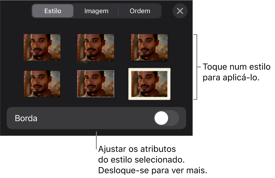 O separador “Estilo” do menu “Formatação” com estilos de objeto na parte superior e um controlo por baixo para alterar a borda.