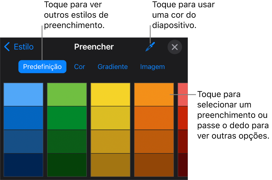 Opções de preenchimento no separador “Estilo”.