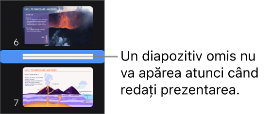 Navigatorul de diapozitive cu un diapozitiv omis, afișat ca linie orizontală.