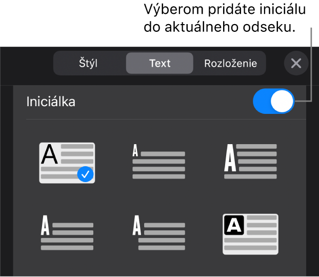 Ovládacie prvky Iniciálka v menu Text.