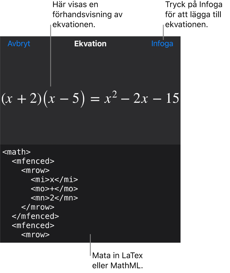 Dialogrutan Ekvation visar en ekvation som skrivits med MathML-kommandon och en förhandsvisning av formeln ovanför den.