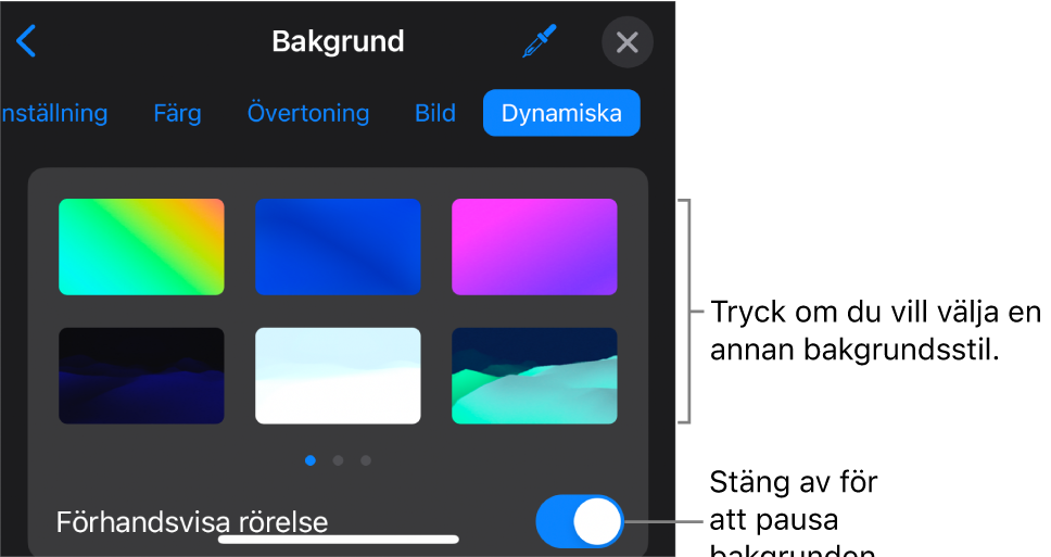Reglagen för dynamiska bakgrunder med miniatyrer för bakgrundsstilar och knappen Förhandsvisa rörelse synlig.