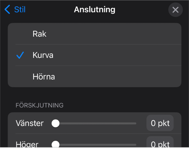 Anslutningsreglagen med Kurva markerat.