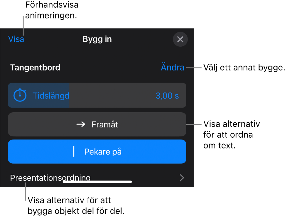 Du kan ange byggalternativ som tidslängd, textanimering och textleverans. Tryck på Ändra om du vill välja ett annat bygge, eller tryck på Förhandsvisa om du vill förhandsvisa bygget.