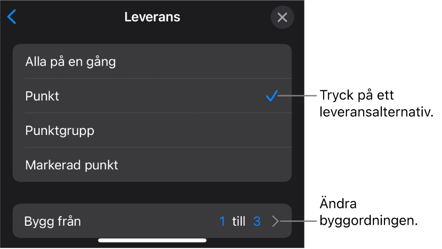 Leveransalternativ på panelen Bygg in.