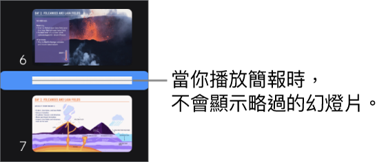 略過幻燈片在幻燈片導覽器中會顯示為一條水平線。