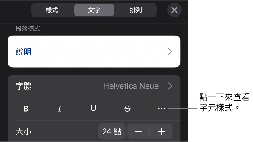 帶有段落樣式的「格式」控制項目位於最上方，然後是「字體」控制項目。「字體」下方為「粗體」、「斜體」、「底線」、「刪除線」和「更多文字選項」按鈕。