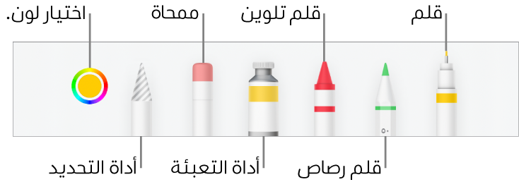 شريط أدوات الرسم في Numbers على iPhone وبه قلم وقلم رصاص وقلم تلوين وأداة تعبئة وممحاة وأداة تحديد وعلبة ألوان تعرض اللون الحالي.