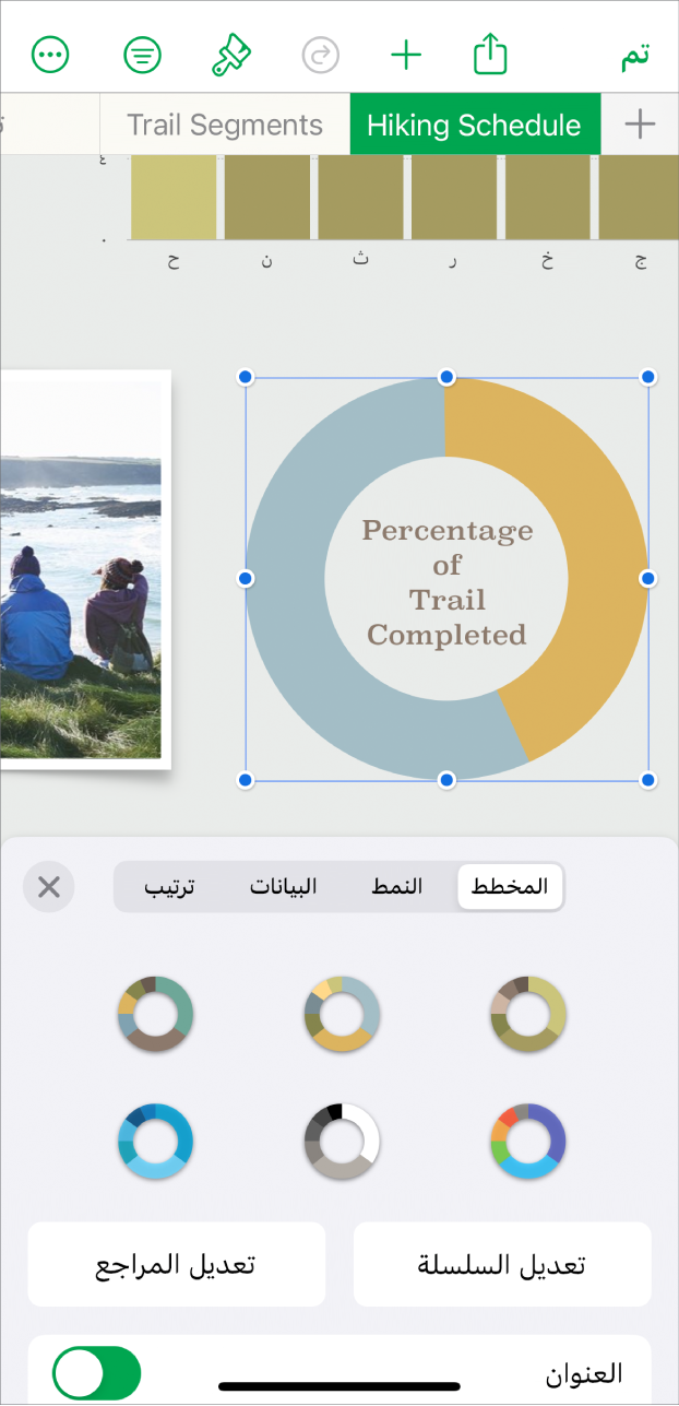 مخطط دائري يعرض النسب المئوية للمسارات المكتملة. قائمة التنسيق مفتوحة أيضًا، وتعرض أنماطًا مختلفة للمخطط للاختيار من بينها وكذلك خيارات لتحرير مراجع السلسلة أو المخطط وتشغيل عنوان المخطط أو إيقافه.