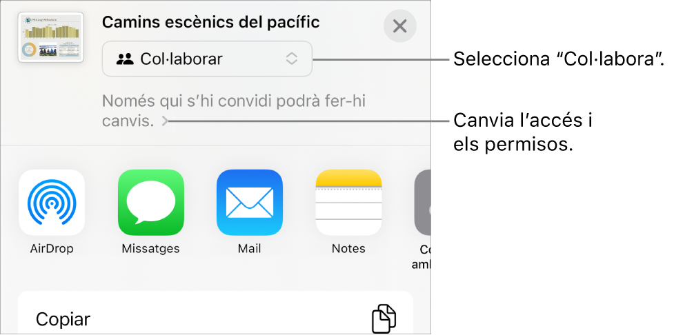 Menú “Compartir” amb l’opció “Col·laborar” seleccionada a la part superior i la configuració dels permisos a sota.