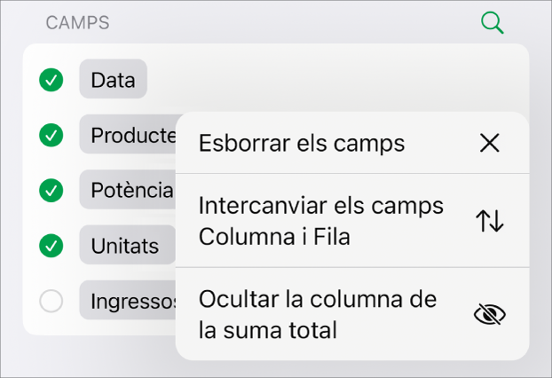 El menú “Més opcions de camp”, que mostra els controls per ocultar les sumes totals, intercanviar els camps de fila i de columna i esborrar els camps.