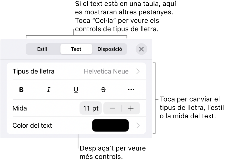 Controls de text al menú Format per definir els estils de paràgraf i de caràcter, el tipus de lletra, la mida i el color.