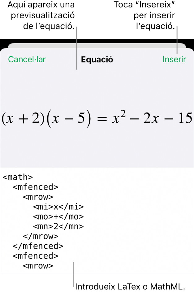 El quadre de diàleg Equació amb una equació escrita amb les ordres MathML i una previsualització de la fórmula al damunt.