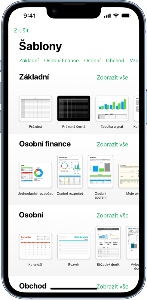 Okno pro výběr šablon s řádkem kategorií u horního okraje; klepnutím na ně můžete filtrovat možnosti pro výběr. Pod ním jsou vidět miniatury předdefinovaných šablon, uspořádané v řádcích podle kategorií. Na začátku je položka Poslední a pak následují Základní a Osobní finance. U řádku každé kategorie je vpravo nahoře zobrazeno tlačítko Zobrazit vše. Tlačítko Jazyk a oblast se nachází v pravém horním rohu