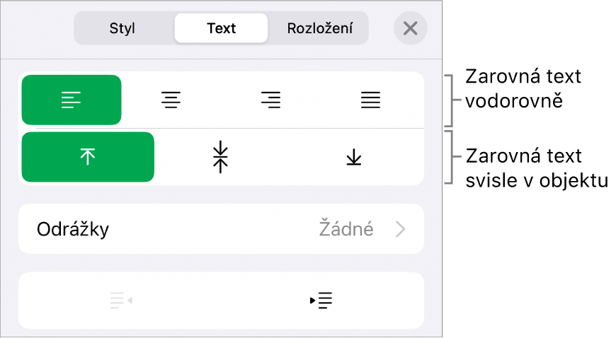 Oddíl Uspořádání v inspektoru formátování s popisky tlačítek zarovnání textu a rozestupů