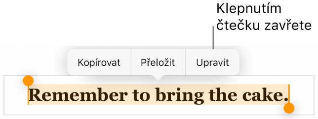 Je vidět vybraná věta; nad ní se nachází místní nabídka s tlačítky Kopírovat a Upravit