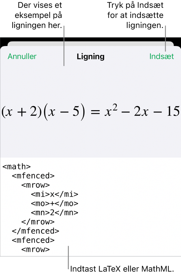 Dialogen Ligning, der viser den kvadratiske formel skrevet ved hjælp af MathML-kommandoer og derover et eksempel på formlen.