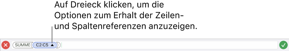 Formeleditor, der zeigt, wie die Zeilen- und Spaltenreferenzen beim Kopieren oder Bewegen der Zelle erhalten bleiben.