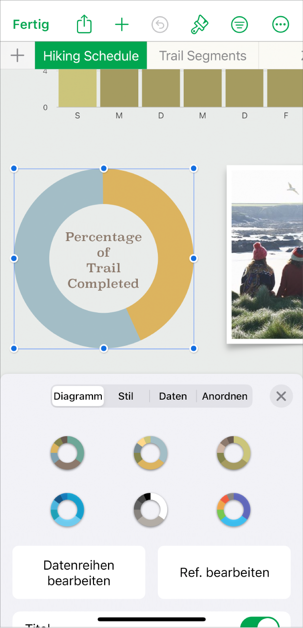 Dieses Kreisdiagramm zeigt, wie viel Prozent der Routen bereits vollständig sind. Das Menü „Format“ ist ebenfalls geöffnet und zeigt die verschiedenen Diagrammtypen, die zur Auswahl stehen, sowie Optionen zum Bearbeiten der Datenreihen oder Diagrammreferenzen, zum Aktivieren oder Deaktivieren der Diagrammtitel oder Beschriftungen, zum Anpassen des Rotationswinkels des Diagramms und zum Ändern des Diagrammtyps.