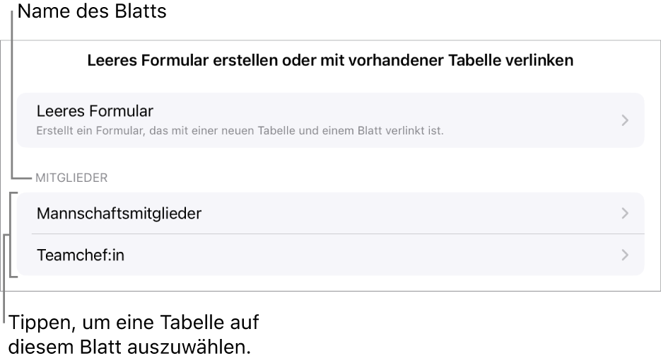 Einige Tabellen in derselben Tabellenkalkulation mit der Option zum Erstellen eines leeren Formulars oben.