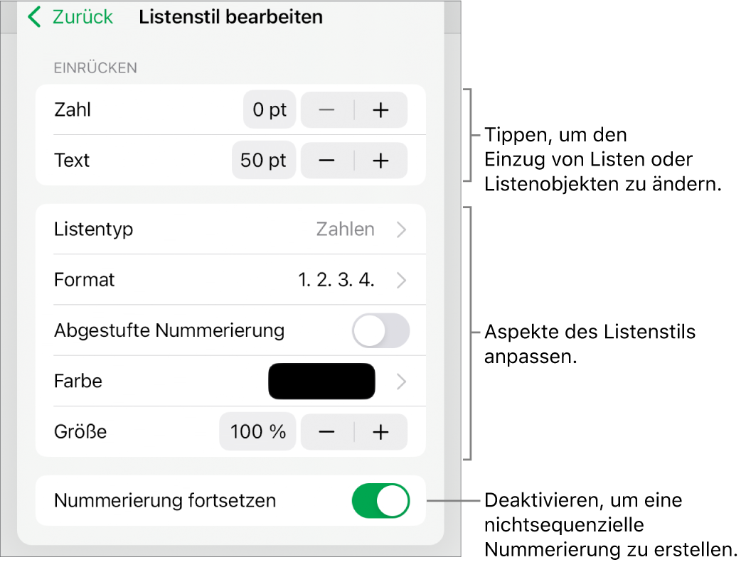 Das Menü „Listenstil bearbeiten“ mit Steuerelementen für Einzug, Listenart und -format, abgestufte Nummerierung, Listenfarbe und -größe sowie kontinuierliche Nummerierung.