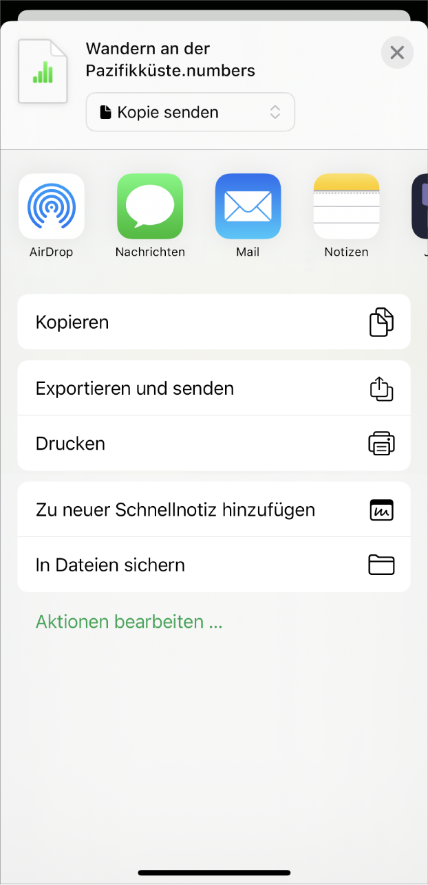 Das Numbers-Fenster mit dem Menü „Teilen“ sowie Optionen zum Senden einer Kopie der Tabellenkalkulation, zum Exportieren und Senden in einem anderen Format, zum Drucken und zum Sichern der Tabellenkalkulation in der App „Dateien“.