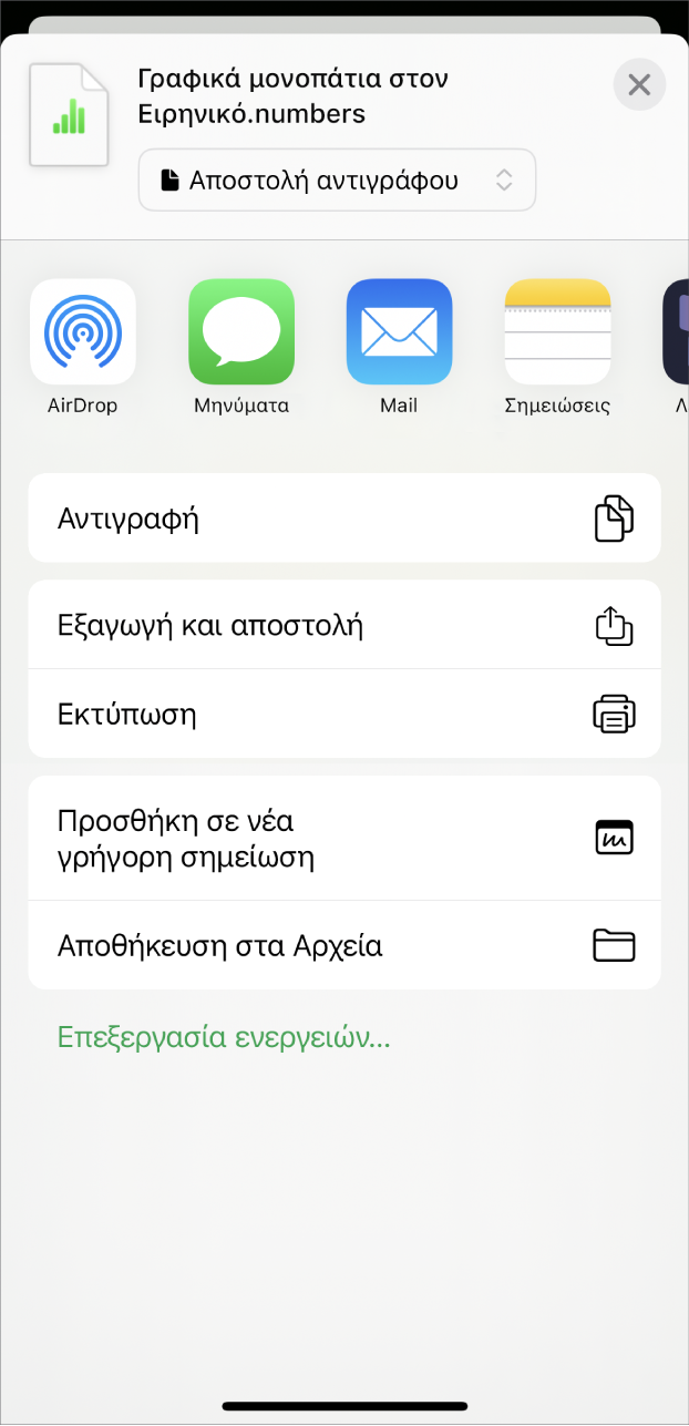 Το παράθυρο του Numbers που εμφανίζει το μενού «Κοινή χρήση», με επιλογές για αποστολή ενός αντιγράφου του υπολογιστικού φύλλου, εξαγωγή και αποστολή σε διαφορετική μορφή, ή εκτύπωση ή αποθήκευση του υπολογιστικού φύλλο στην εφαρμογή «Αρχεία».