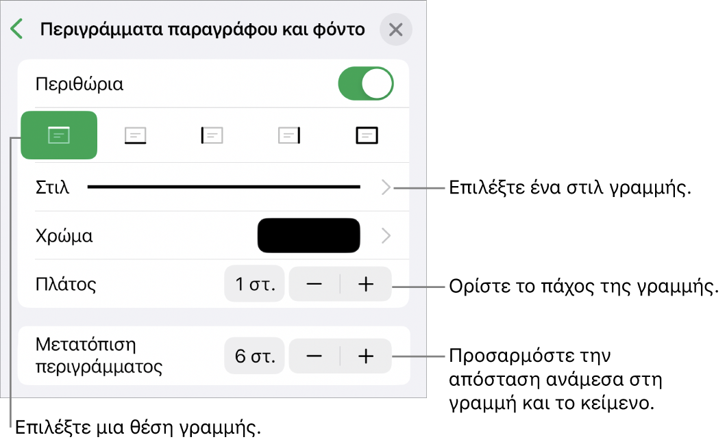 Στοιχεία ελέγχου για την αλλαγή του στιλ, πάχους, θέσης και χρώματος γραμμής.