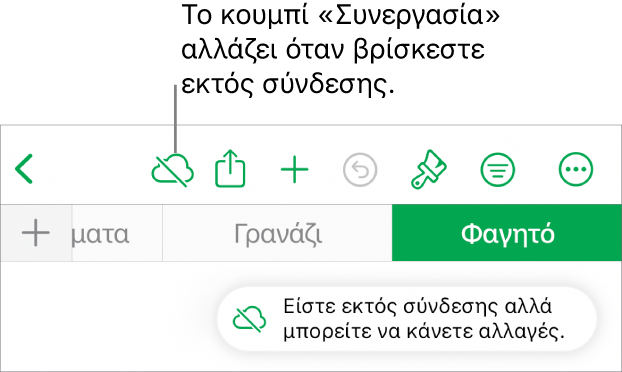 Τα κουμπιά στο πάνω μέρος της οθόνης, και το κουμπί «Συνεργασία» έχει αλλάξει σε σύννεφο με μια διαγώνια γραμμή που το διαπερνά. Μια ειδοποίηση στην οθόνη που λέει «Είστε εκτός σύνδεσης αλλά μπορείτε να κάνετε αλλαγές».