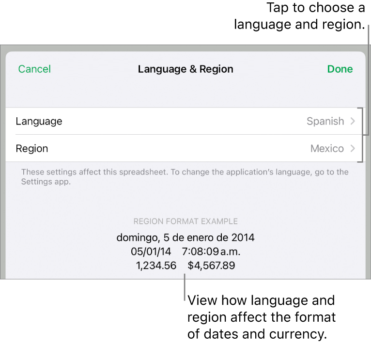 Language and Region pane with controls for language and region, and a format example including date, time, decimal and currency.