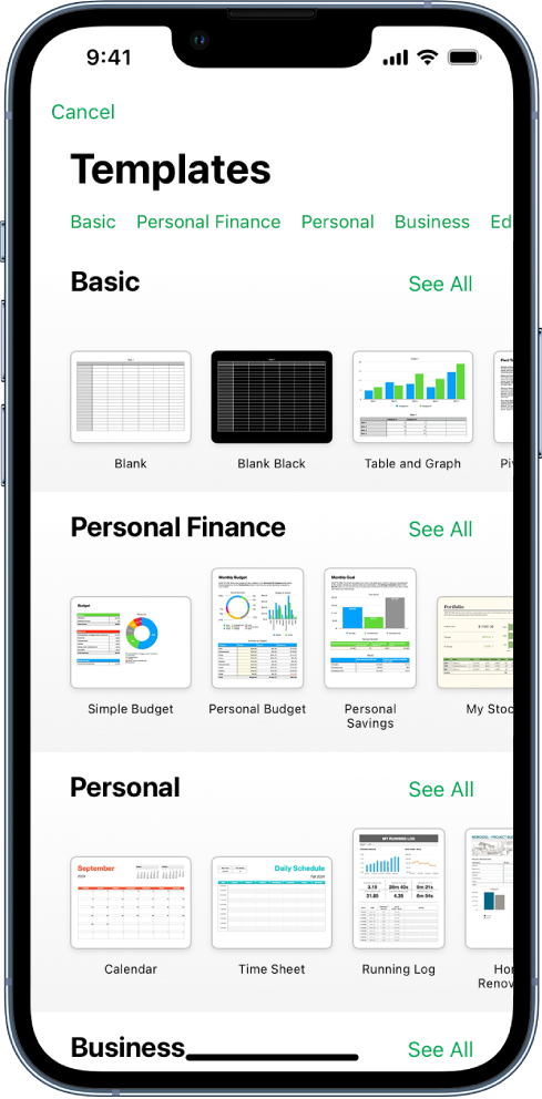 The template chooser, showing a row of categories across the top that you can tap to filter the options. Below are thumbnails of predesigned templates arranged in rows by category, starting with Recent at the top and followed by Basic and Personal Finance. A See All button appears above and to the right of each category row. The Language and Region button is in the top-right corner.