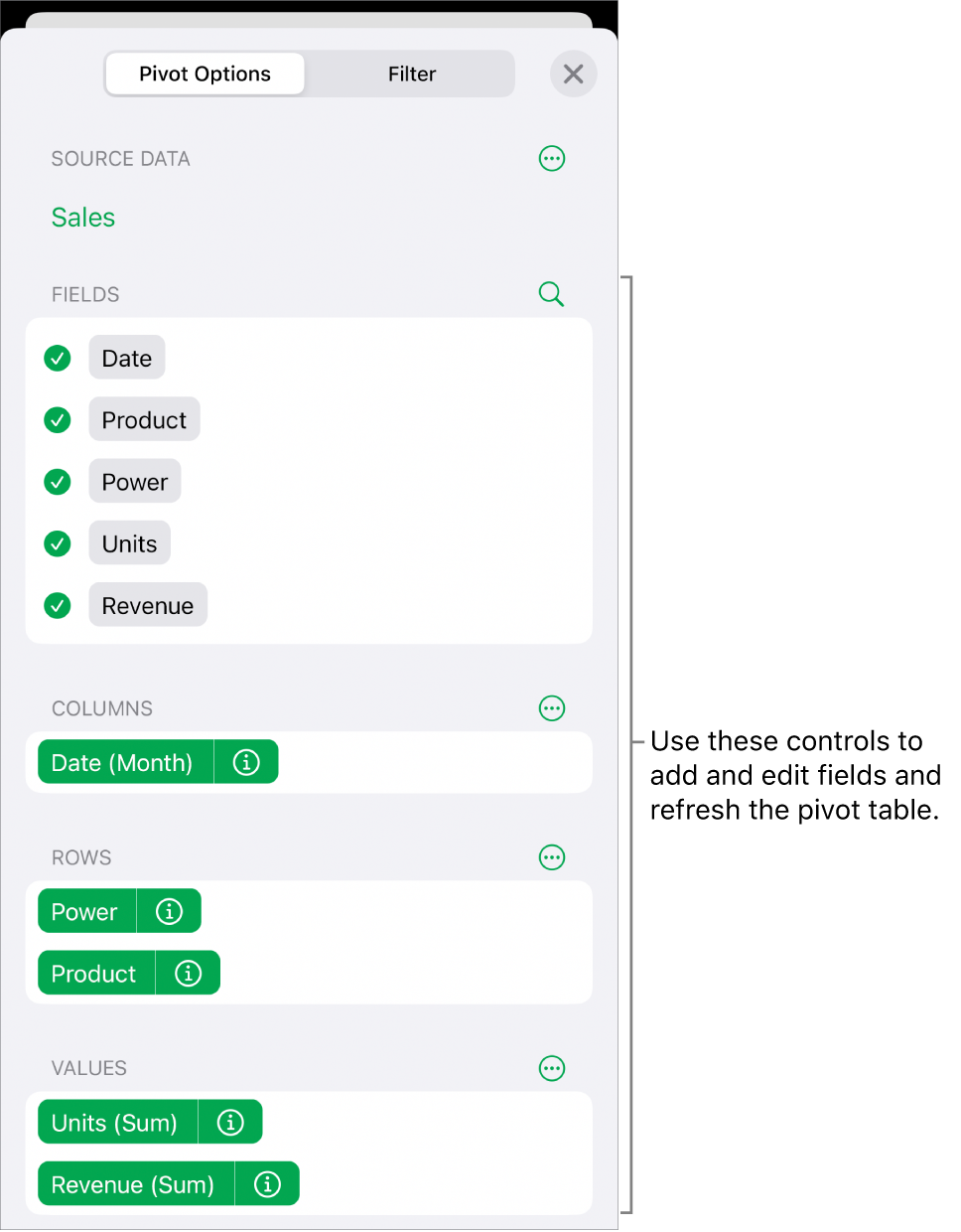 The Pivot Options menu showing fields in the Columns, Rows and Values sections, as well as controls to edit the fields.